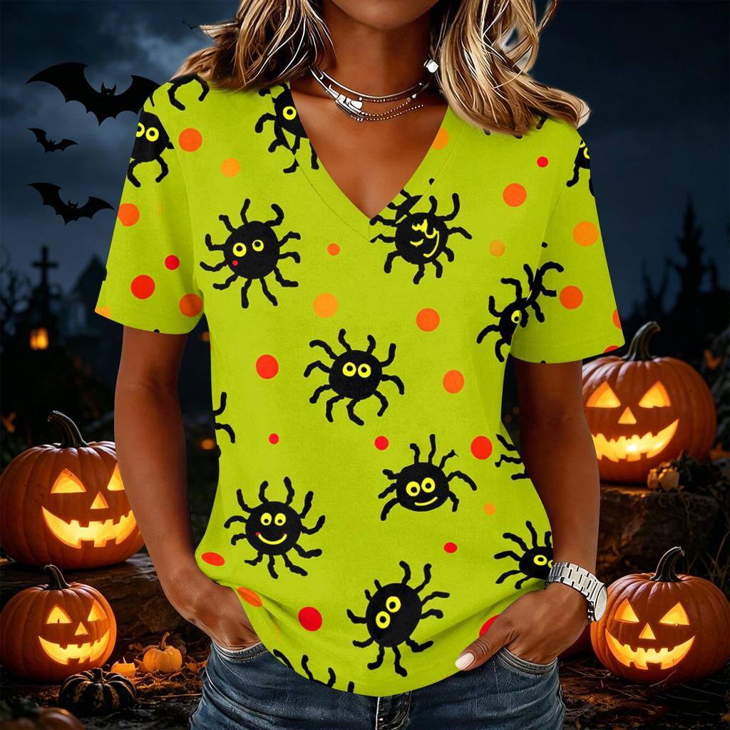 Women's Halloween Print V-Neck Short Sleeve Casual Pullover Top