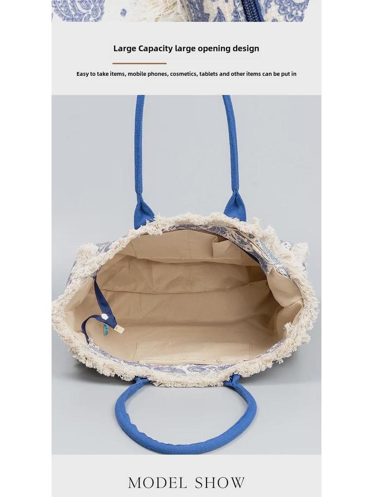 Bohemian Retro Canvas Tote Bag - Women's Summer Shoulder Handbag with Zipper and Large Capacity