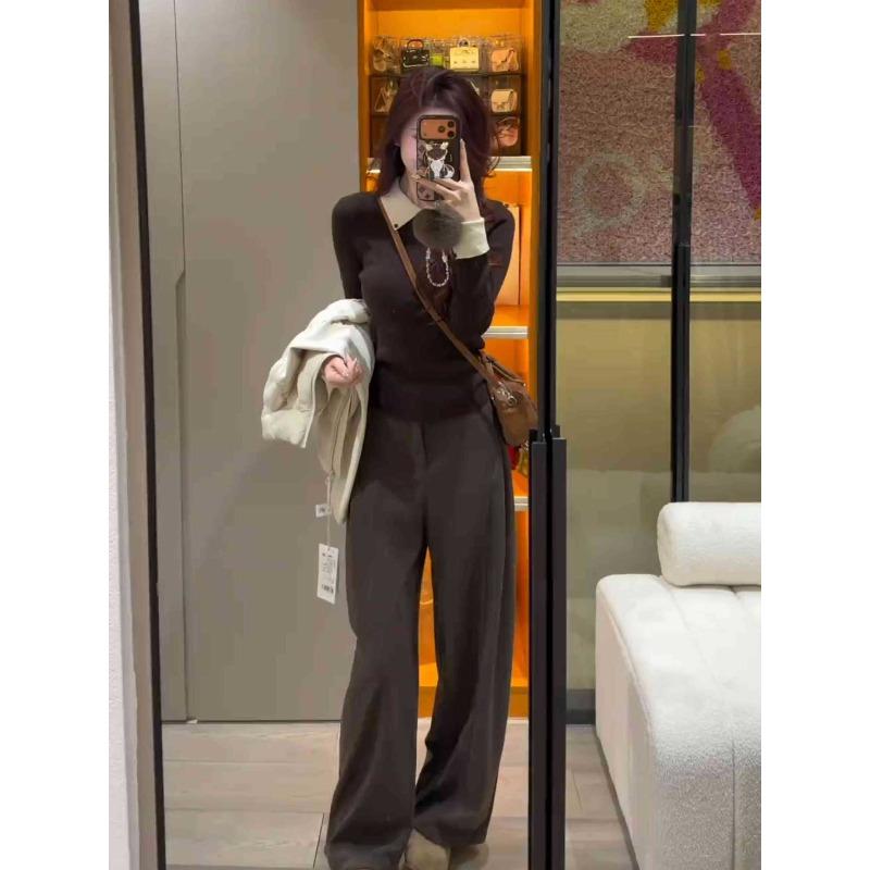 olo lapel contrasting color knitted sweater women's autumn and winter new slim-fitting front shoulder soft waxy long-sleeved inner top sweater