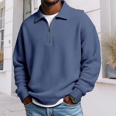 Yousheng Men Sweatshirt Waffle Fabric Texture Long Sleeve Zipper Half Opening Classic Lapel Pullover Tops Solid Color Loose Fit Casual Sport Tops