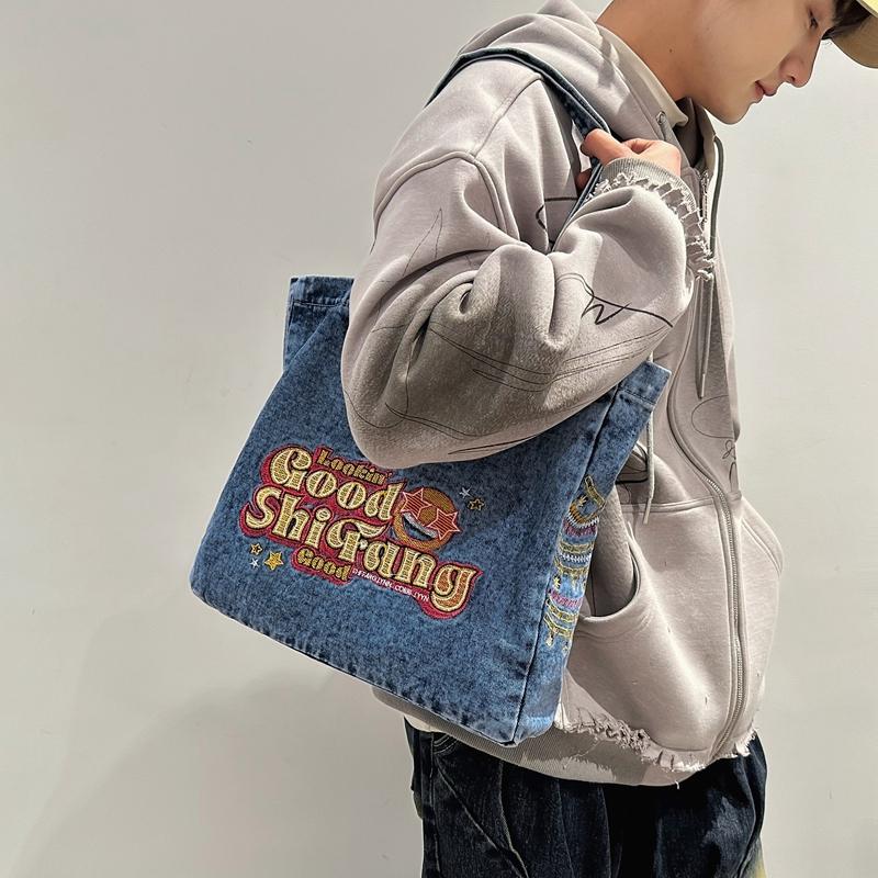 Большая вместительная холщовая сумка женская стираная джинсовая сумка-тоут студенческий — фото 10