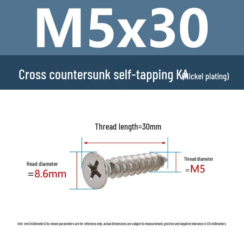 YiguYigu Nickel-Plated Phillips Flat Head Self-Tapping Screws M1-M5, Carbon Steel