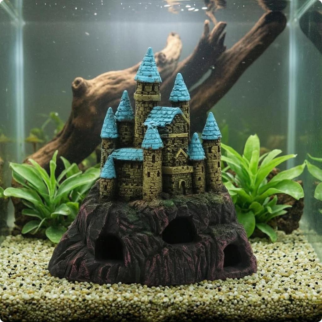 Castle Aquarium Ornament Hollow Openings Aquatic Tank BlueTopped HandPainted Details
