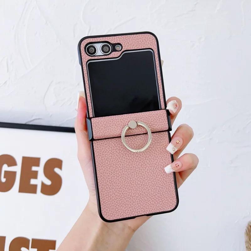 Litchi Patterned Leather Phone Case for Samsung Galaxy Z Flip 6 5 4 3 Flip6 Flip5 Flip4 Flip3 5G Ring Holder Shockproof Cover