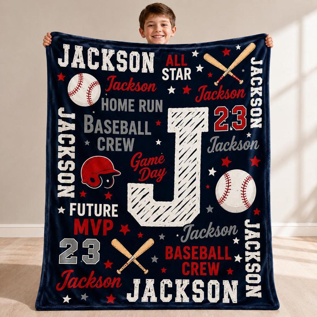 Personalized Baseball Blanket with Name and Number, Custom Sports Blanket for Boys, Kids Baseball Gift, Little League MVP Throw