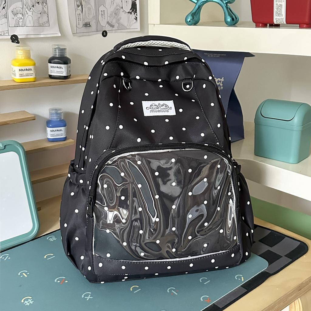 Schoolbag Milk White Polka Dot Transparent Pain Bag Backpack for Junior High School Girls and Primary School Students Large Capacity Schoolbag