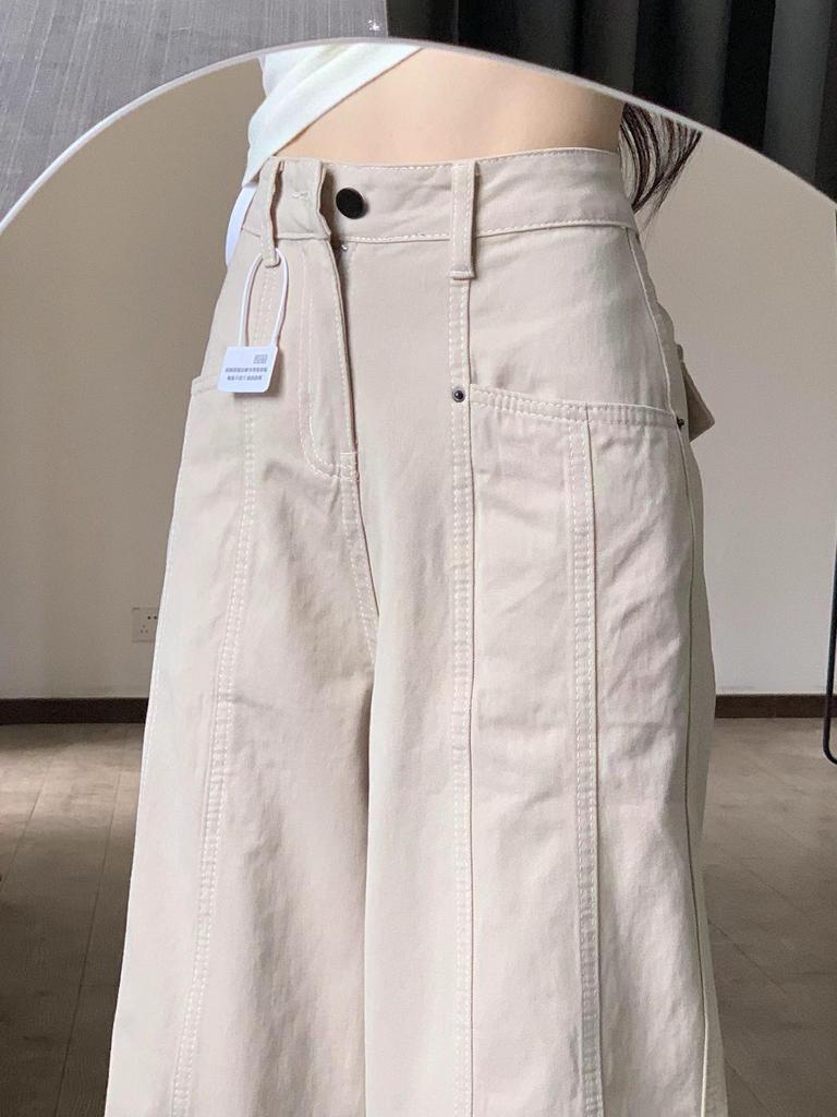 Women's High-Waisted Apricot Cargo Jeans, Summer Style, Relaxed Slim Fit, Straight Leg, Wide-Leg Trousers