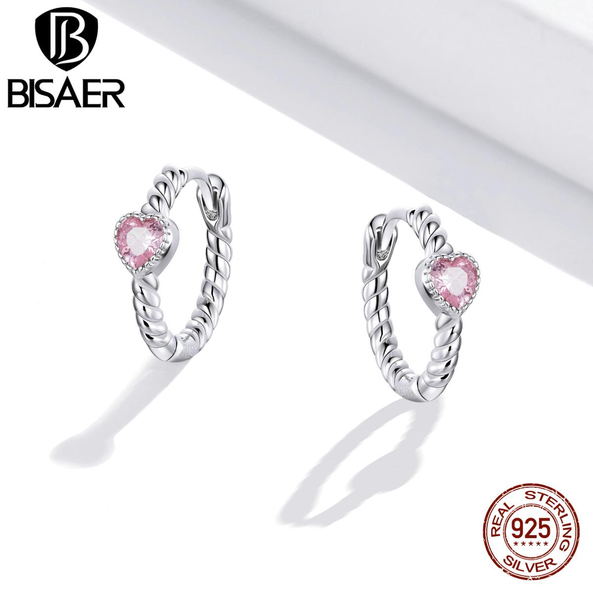 

BISAER Pure Love стерлингового серебра 925 пробы розовый драгоценный камень циркон круглая пряжка серьги для женщин свадебные эффектные ювелирные изделия 925 silver