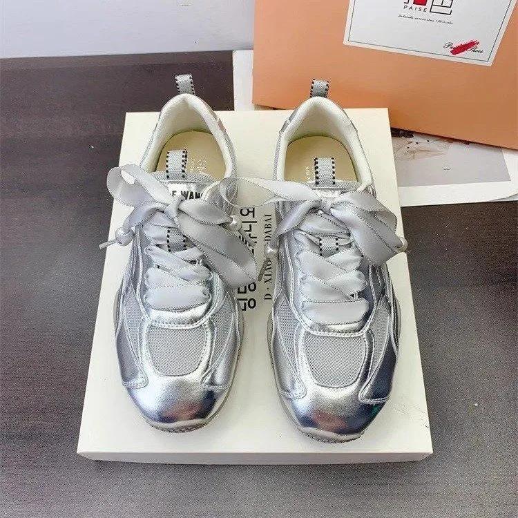 New Leather Women Sneakers Lace Up Mesh Breathable Flat Casual Shoes Silver Flats Spring Autumn Shoes