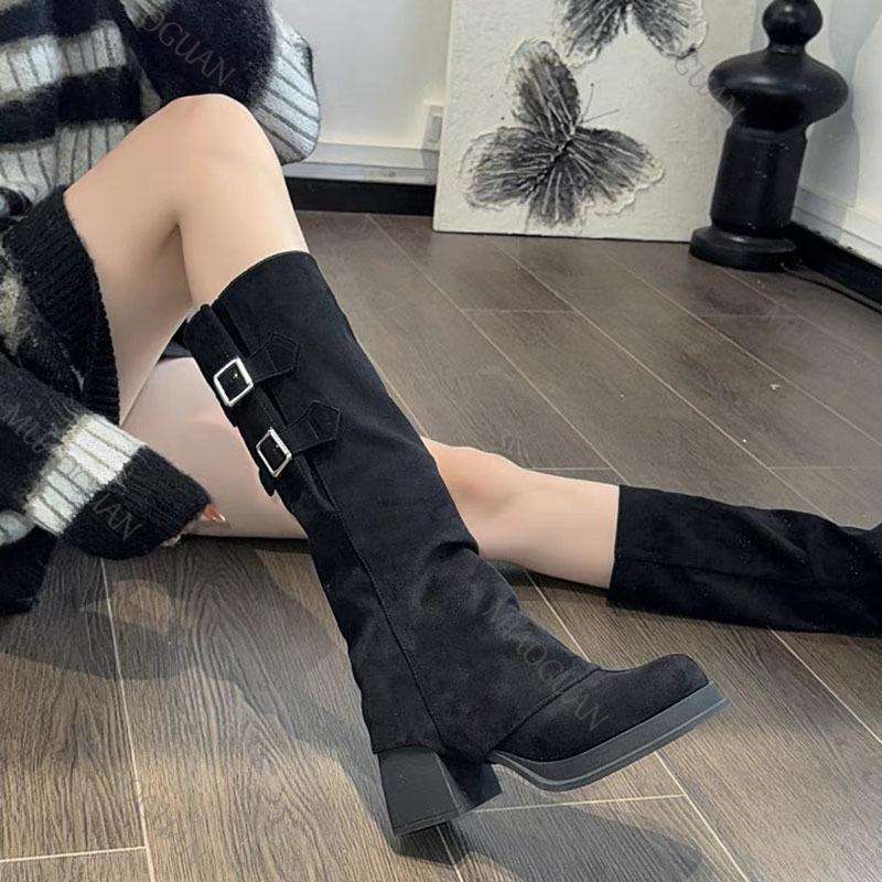 Fashion Retro Fashion Removable Two Wear Suede Knee High Long Boots Chunky High Heeled Women's Shoes 2025 Autumn Solid Thigh-high Boots