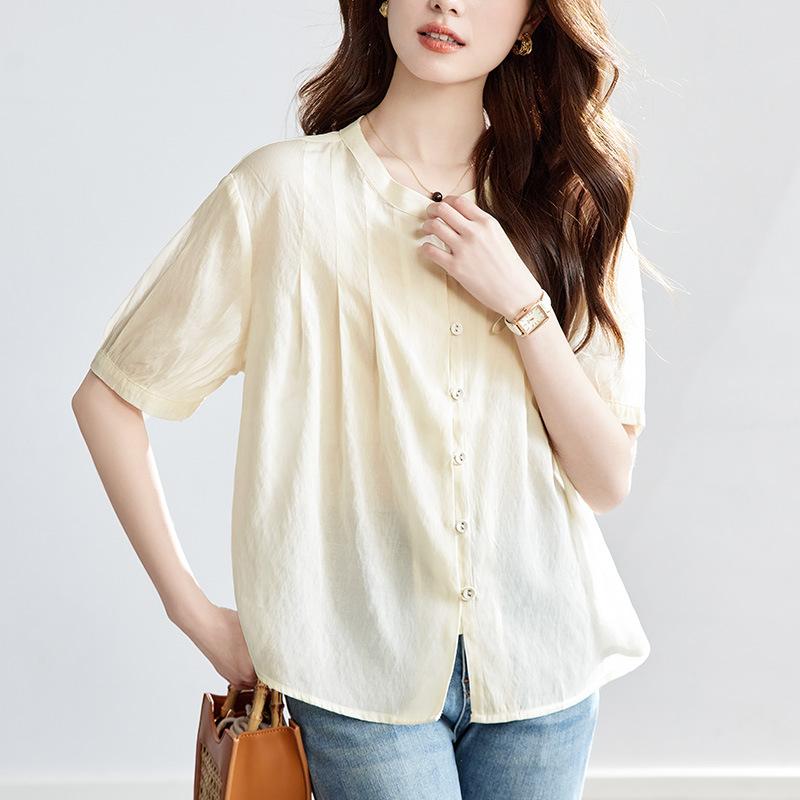 T-shirt abricot à col rond pour femmes, manches courtes, été, fin, ample, top extensible