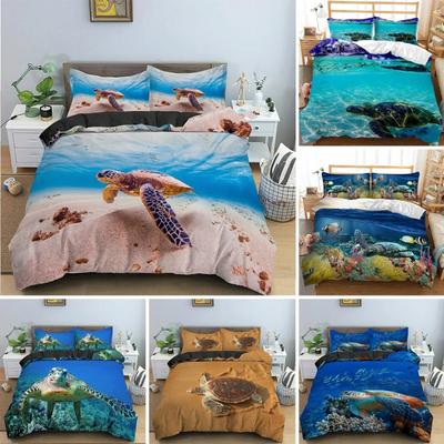 Sea Turtle Duvet Cover King Size Shark Bedding Set,Ocean Animals Bed Set,Tortoise and Coral Printed Polyester Comforter Cover
