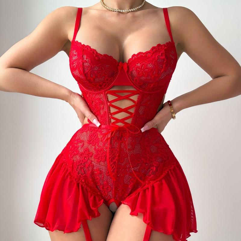 Sexy Lace Lingerie Set Sheer Mesh Cami Nightdress Garter Belt Bodysuit Women