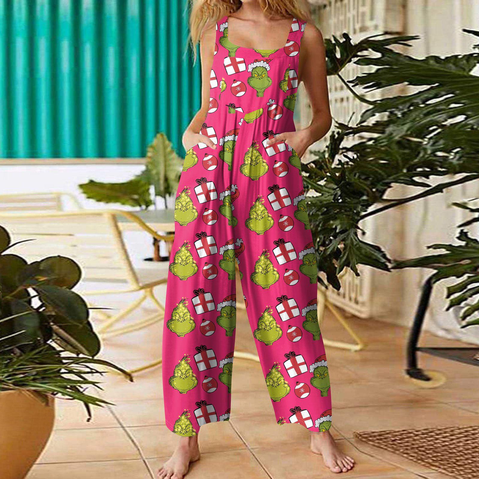 

Женский повседневный свободный комбинезон с рождественским принтом, комбинезон с широкими штанинами, без рукавов, с карманами M красный