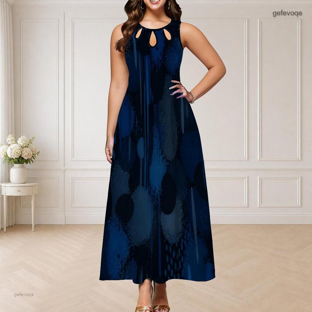 Women s Plus Size Round Neck Triple Keyhole Cutout Sleeveless Dark Blue Printed Maxi Dress