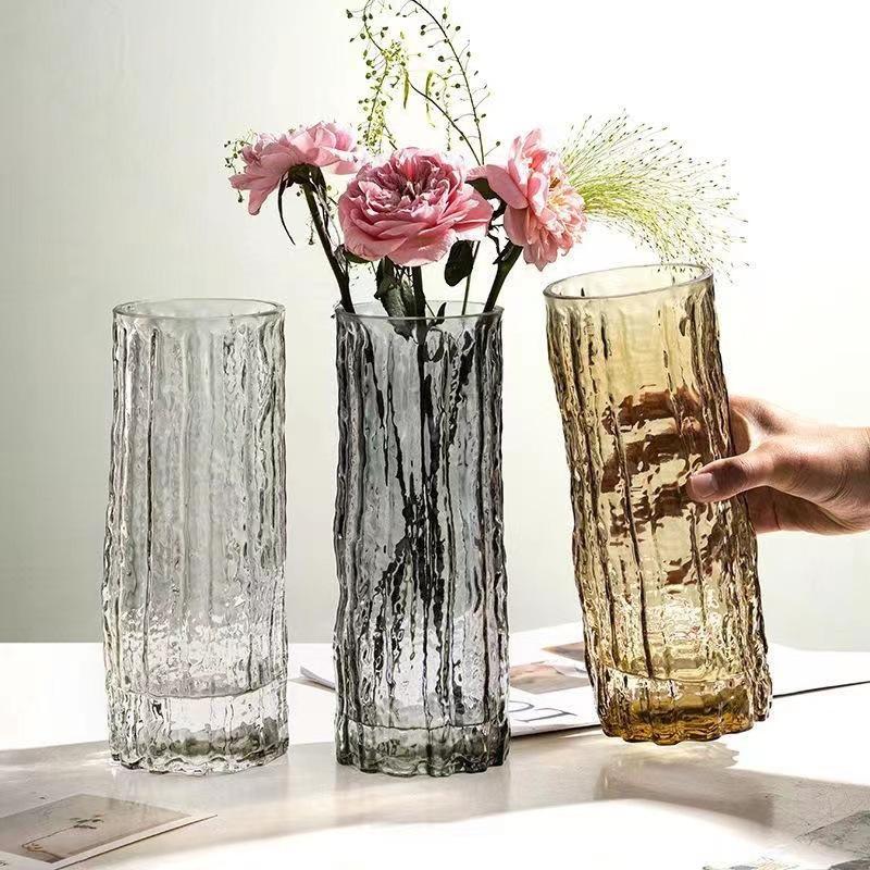 Glacier Glass Vase Transparent Flower Arrangement Vase for Rose Decor Modern Living Room Dining Table Centerpiece