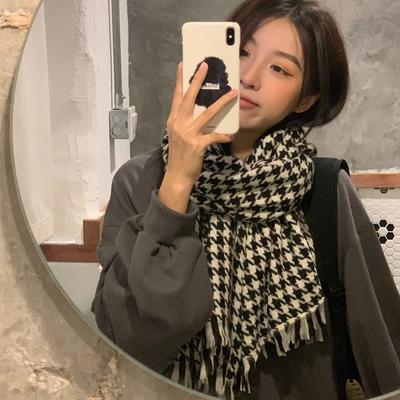 Winter Warm Couple Knitted Plaid Scarf Korean Style Versatile Tassel Contrast Color Houndstooth Scarf for Women