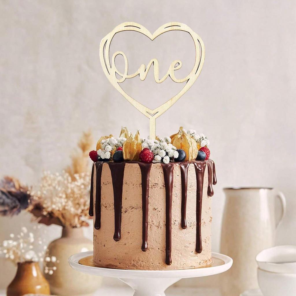 First Birthday Wood Cake Topper - One Sign 1st Cake Decorating Supplies, Suitable for Baby Shower Favors, Baby Gender Reveal
