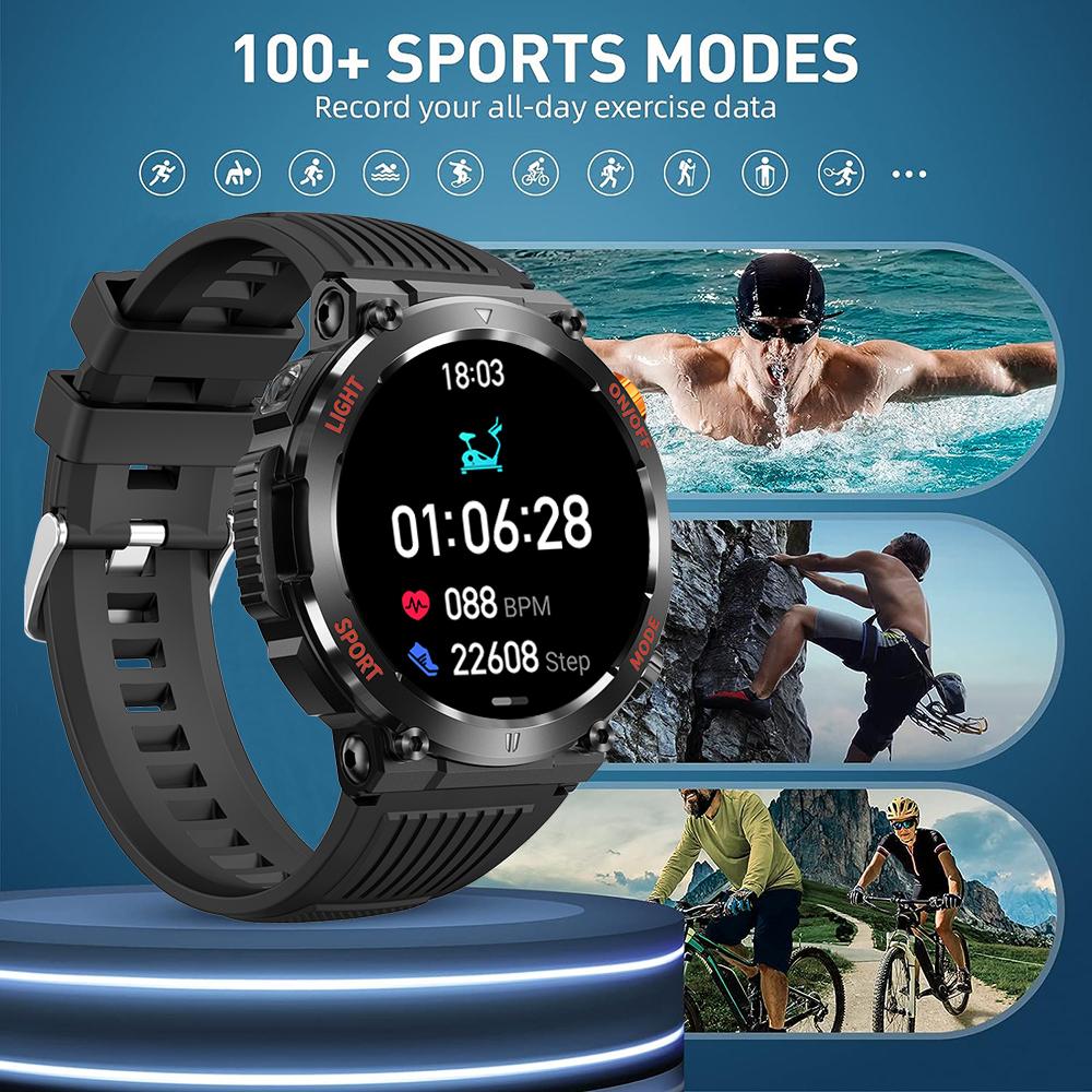 Militärische QTLLBT SmartWatch 1,46 Zoll HD LED Taschenlampe Kompass Fitness Tracker mit Funktion Sportuhr, Herzfrequenz SPO2 Kompatibel mit
