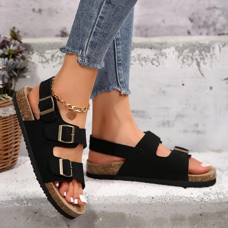 Fashion 2024 New High Quality Women's Sandals Open Toe Beach Outer Wear Buckle Decorated Solid Color Flat Shoes for Women Zapatos Mujer