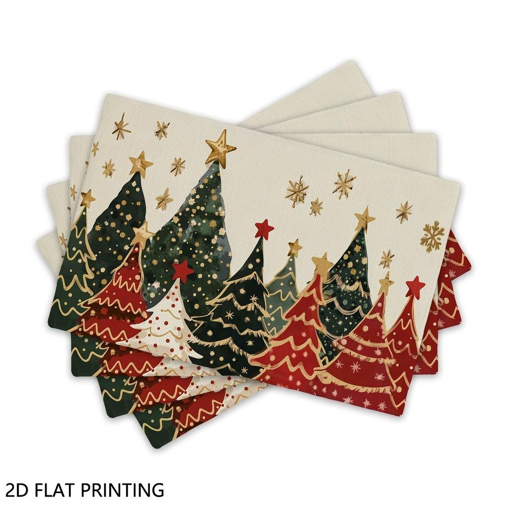 4pcs/6pcs Golden Xmas Tree Table Mats Suitable for Restaurant &, Placemats with Elegant Rectangular Xmas Tree Print, Hand Washable Holiday Decorations