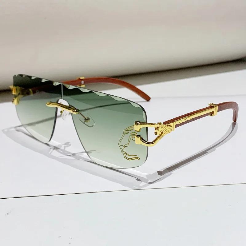 Popular Vintage Wave Rimless Sunglasses Women For Men Sun Glasses Punk Luxury Brand Designer Pink Gold Leopard Shades Uv400