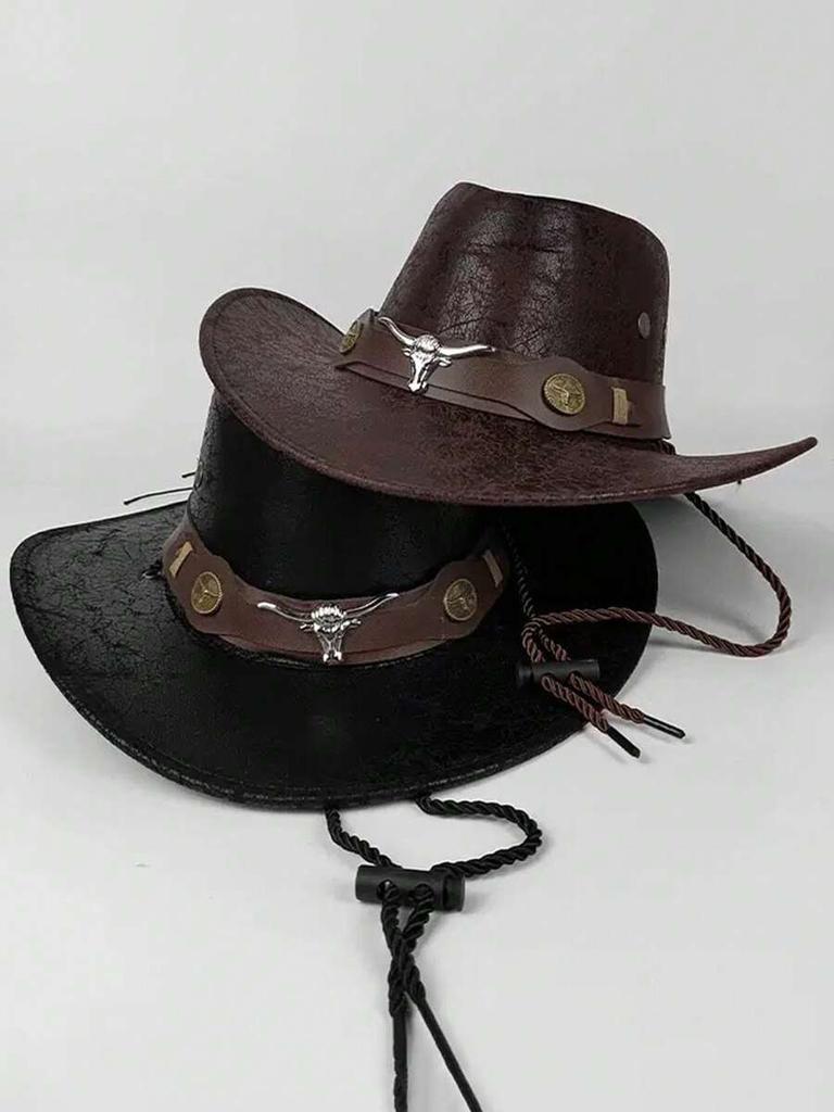 Western Cowboy Hat With Braided Rope And Longhorn Buckle, Wide Curved Brim For Party Costume Outdoor