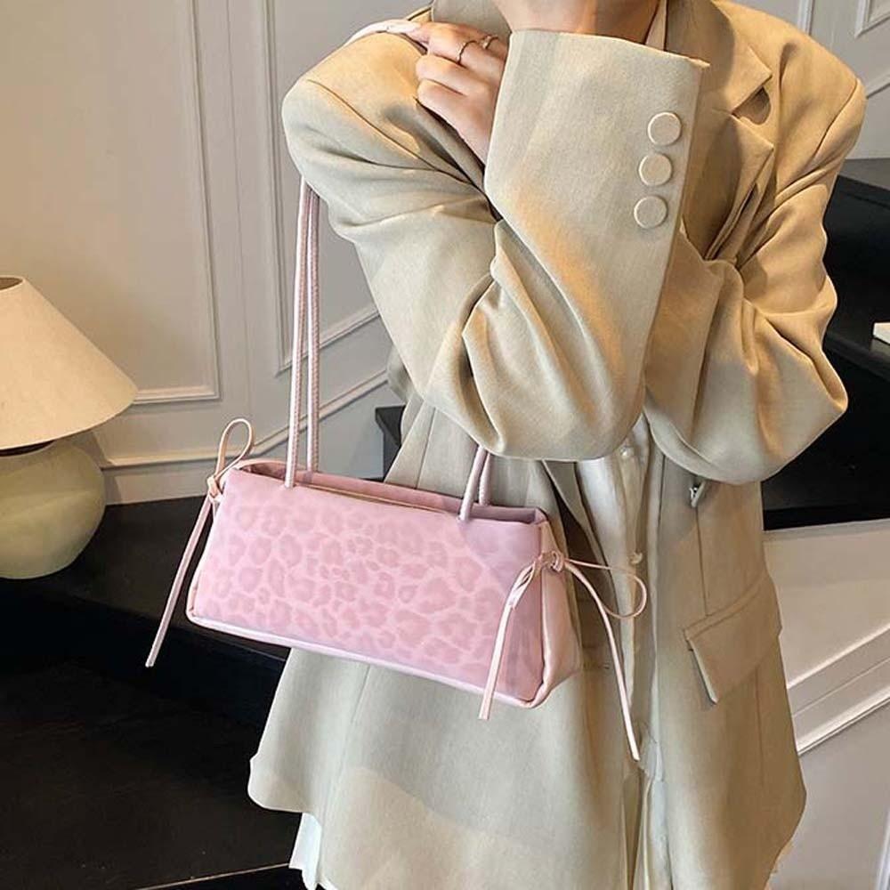 Sweet French Stick Handbag Bow Ribbon PU Shoulder Bag All-match Leopard Print Underarm Bags  Travel