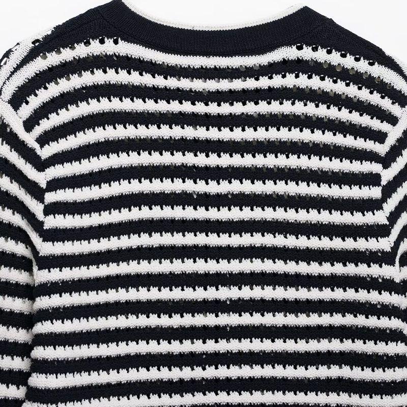 Kaslead New Women clothes Western Style Laminated Decoration Stripe round Neck Knitted Outerwear 4331020 104