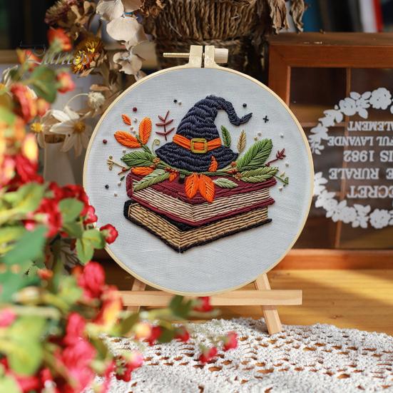 Halloween Embroidery Kit DIY Cross Stitch Kit with Embroidery Hoop Hand Embroidery Starter Handmade Gnome Crafts for Beginners Adults