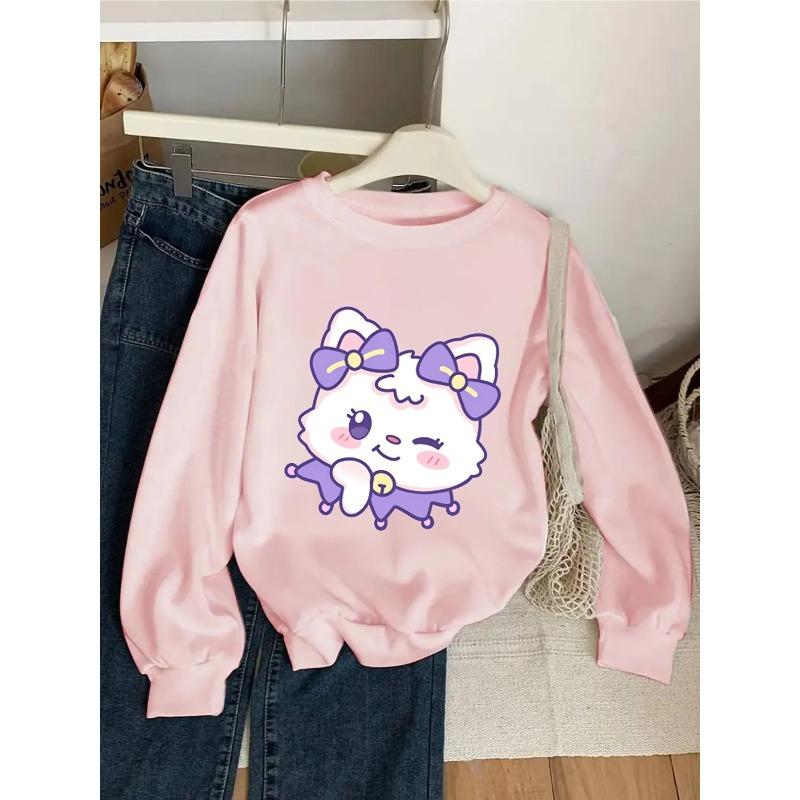 European sizes Kids' Crewneck Sweatshirt | Cute Kitty with Purple Bows and Paws, , Sportswear and Casual Wear, Soft and Comfortable