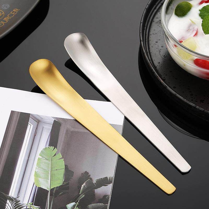 Stainless Steel Spoon 304 Ice Cream Spoon Long Handle Mixing Spoon Japanese Style Flat Head Eating Dessert Cake Spoon Ice Cream Spoon