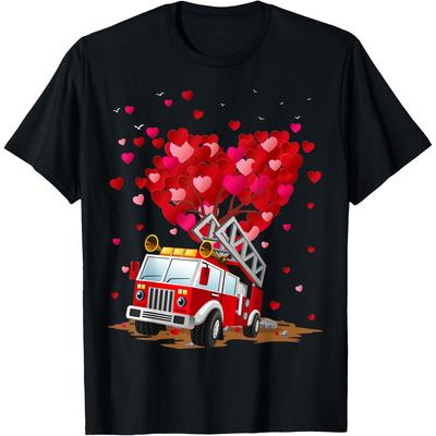 Funny Fire Truck Lover Heart Shape Fire Truck Valentines Day Cotton Men T Shirt