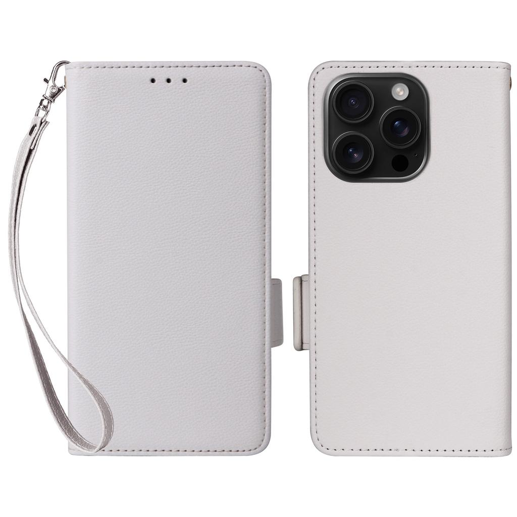 For iPhone 16 Pro Case with Wrist Strap Litchi Texture PU Leather Wallet Phone Cover