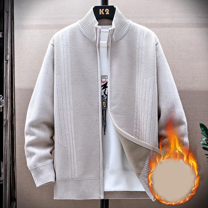 Mens Winter Sweater Thick Fleece Warm Cardigan Sweaters Casual Stand Collar Full Zip Cardigans Zip Pockets Solid Outwear