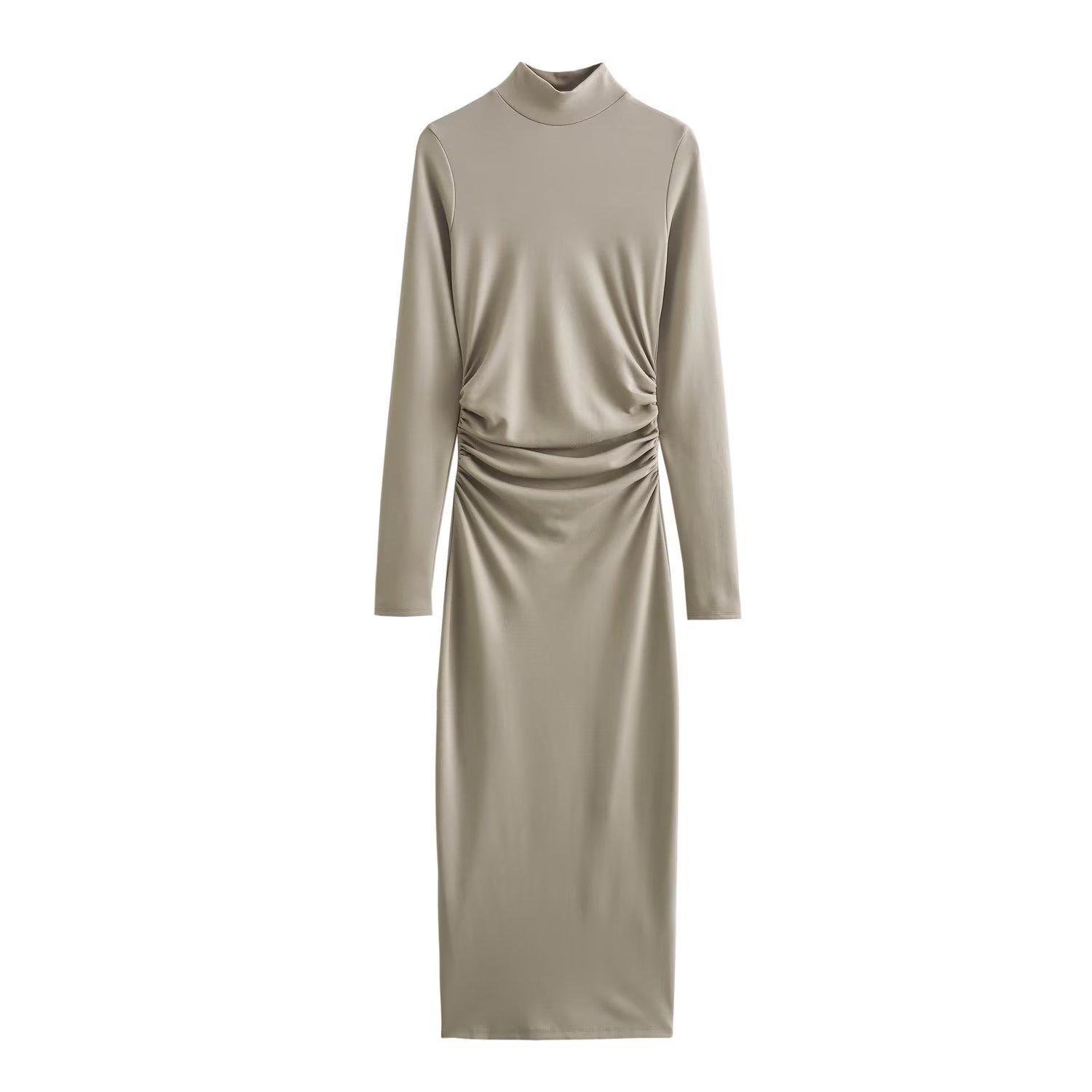 

2023 Осень Европейское и Американское Женское Платье Миди с Воротником-Стойкой и Плиссированными Длинными Рукавами Large абрикосовый