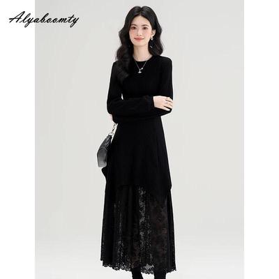 French Style Autumn Winter Women Maxi Long Dress Brief O Neck Knitting Lace Patchwork Dress Thick Warm Knitted Ruffles Feminine Dress