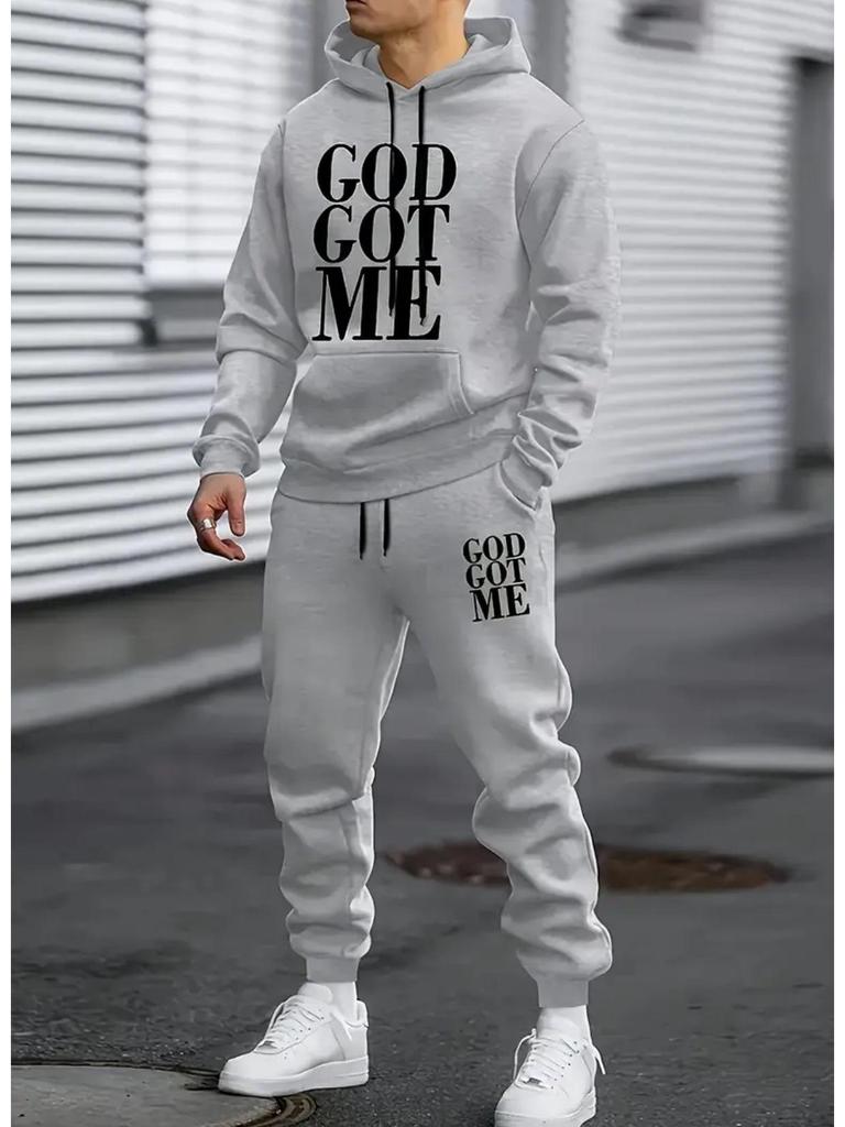 Unisex Trendy Letter Fleece Sweatshirt Set - Long Sleeve, Hooded, for Autumn & Winter
