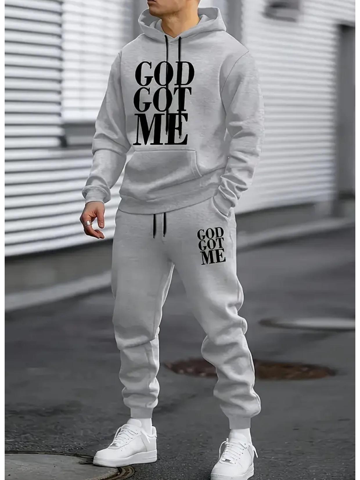 

Unisex Trendy Letter Fleece Sweatshirt Set - Long Sleeve, Hooded, for Autumn & Winter L сірий колір