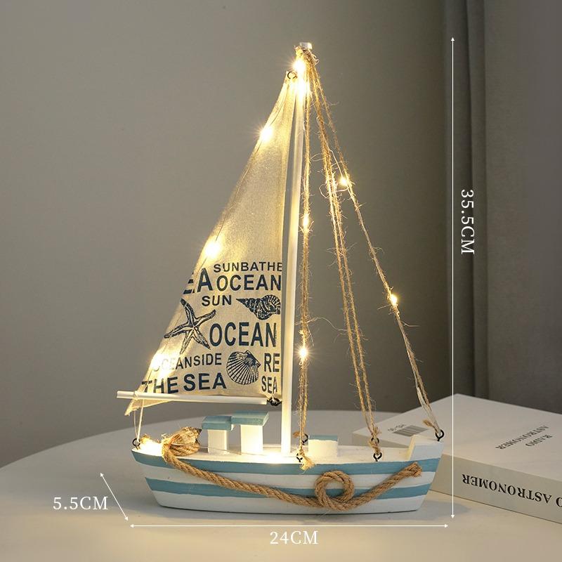 LED Wooden Sailboat Model, Nautical Mediterranean Style Home Decor, Coastal Sea Theme Tabletop Boat Ornament, Sailing Ship Gift