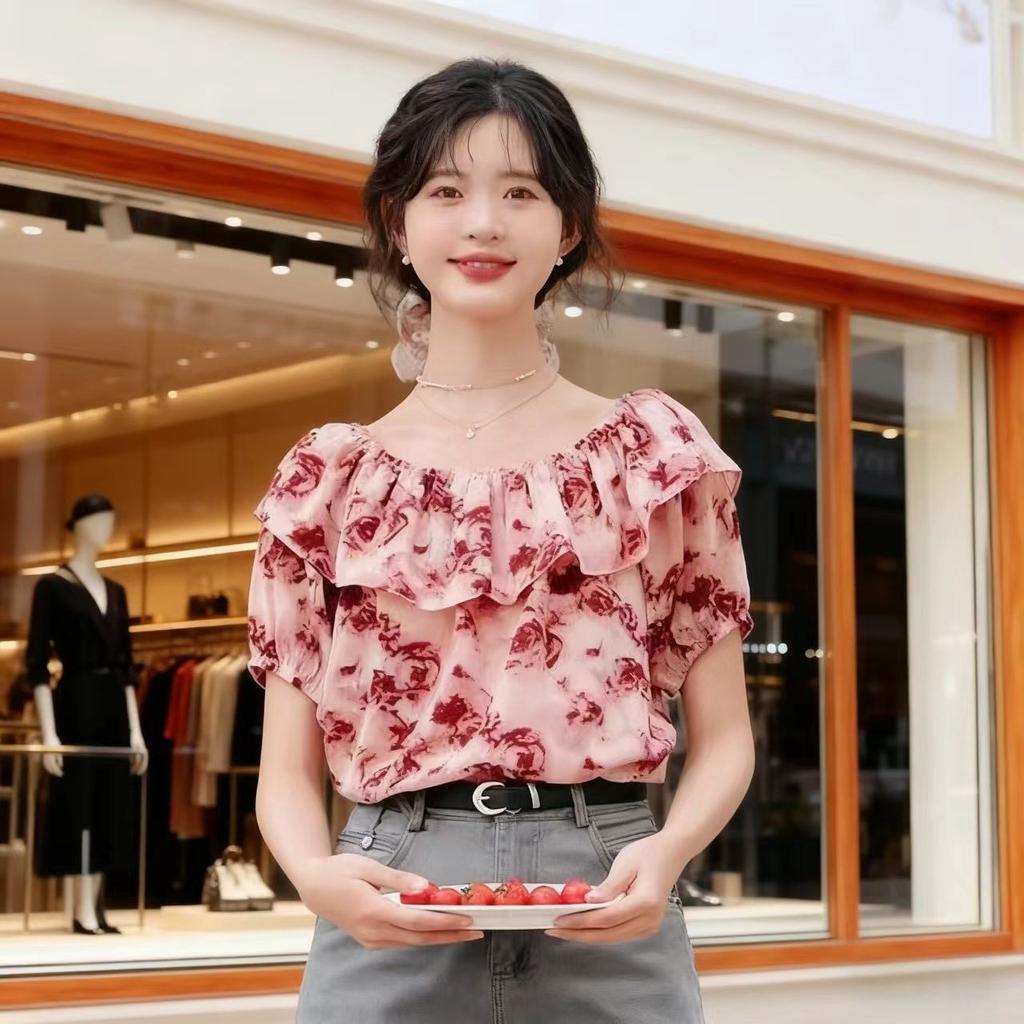 Short Sleeve Spice Girl Square Neck Rose French Retro Summer Short Sleeve Shirt Chiffon Shoulder Short Navel New