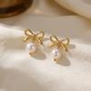 Vintage Simple Gold Color Bow Pearl Earrings For Women Stainless Steel Love Heart Pendant Earring Party Classic Retro Jewelry
