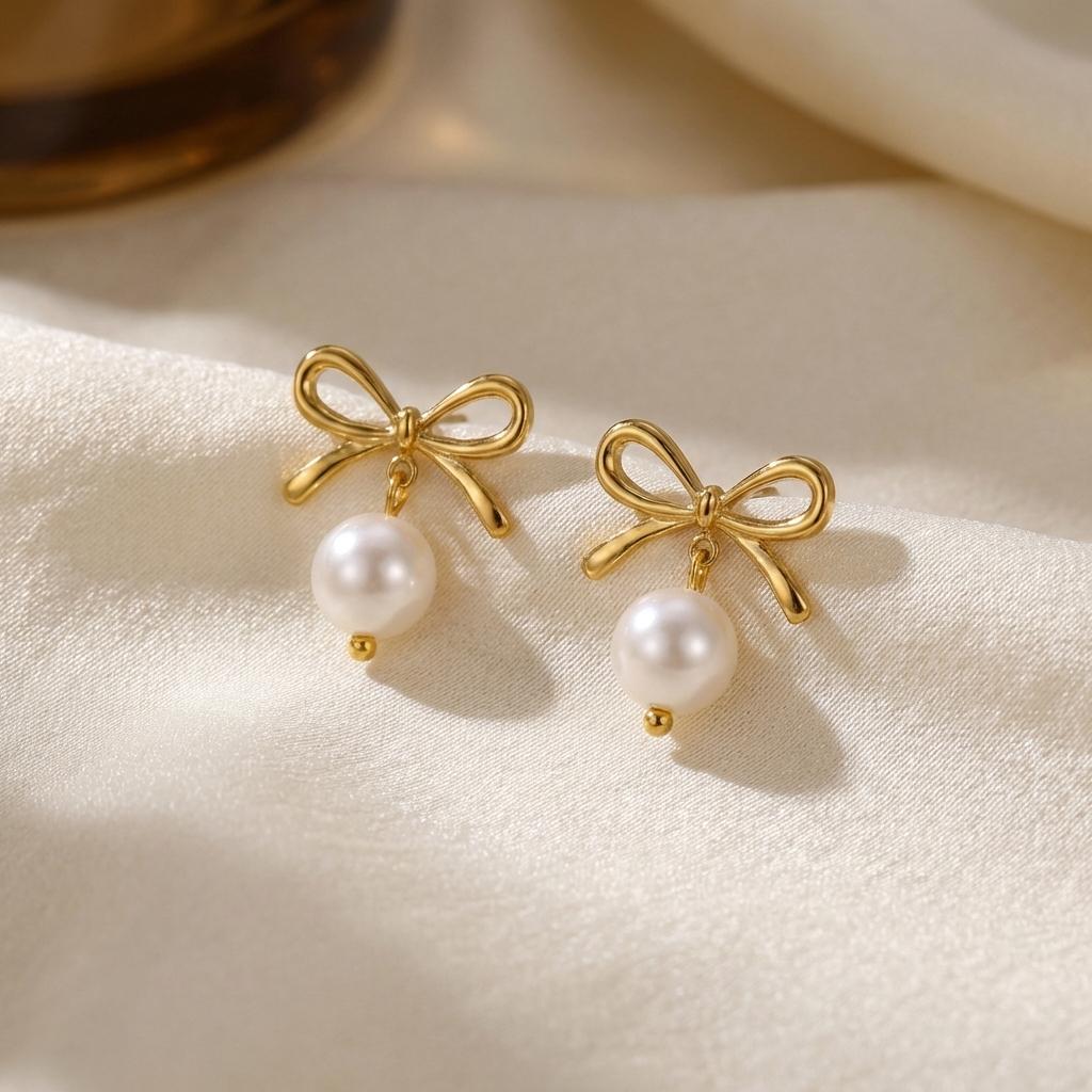 Vintage Simple Gold Color Bow Pearl Earrings For Women Stainless Steel Love Heart Pendant Earring Party Classic Retro Jewelry