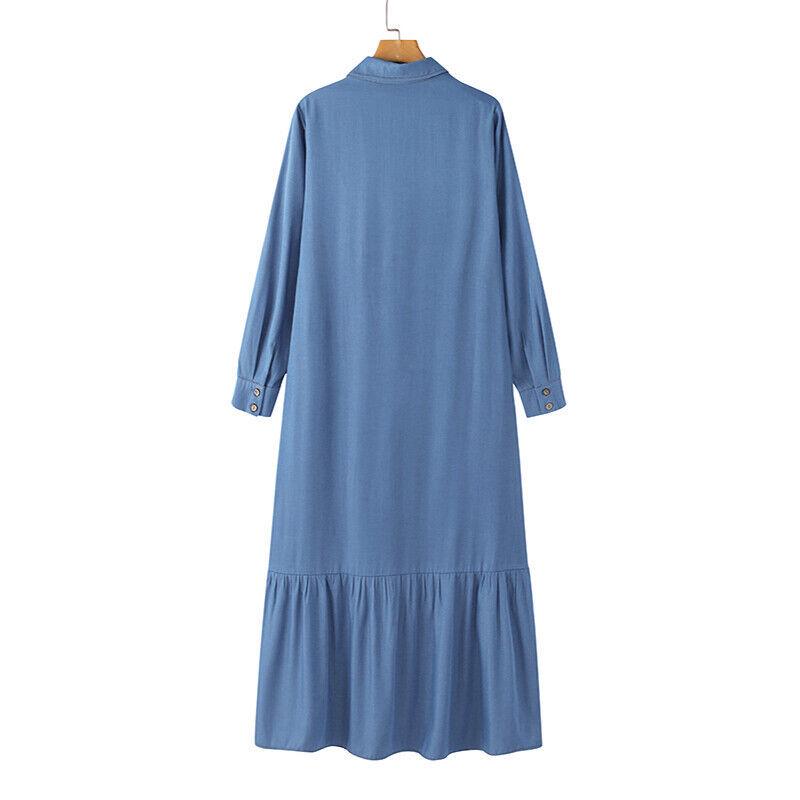 2022 Autumn Women’s Elegant Androgynous Long-Sleeve Denim Cardigan Dress with Turn-Down Collar