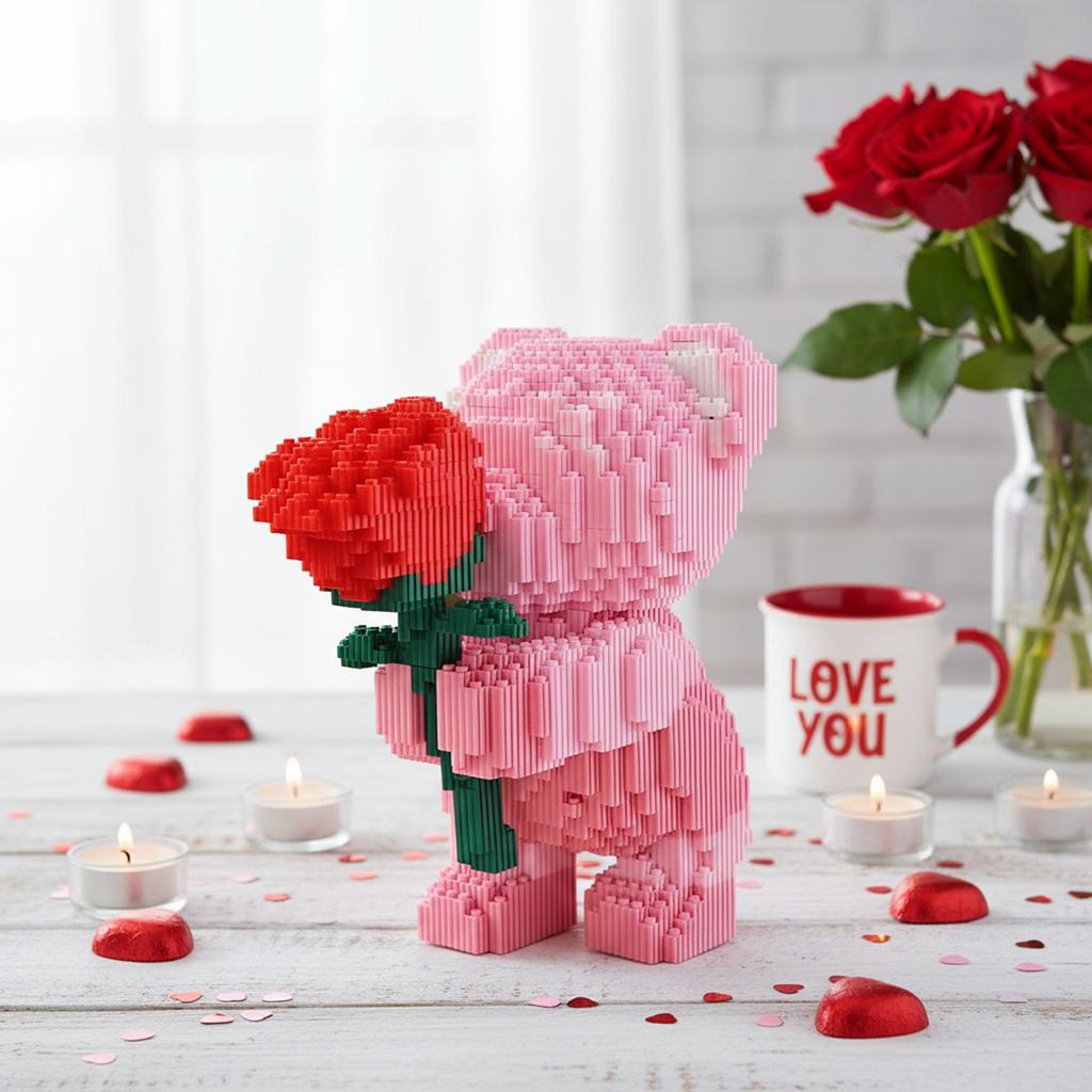 DIY Konstruktionsspielzeug mit Rosenbär 3D Bausteine für Kinder Paar Geschenk Schreibtisch Heimdekorationen