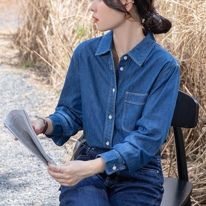 Blue Denim Shirt Women's Spring and Autumn Stacking Design Sense Niche Retro Hong Kong Style Loose Long-sleeved Top
