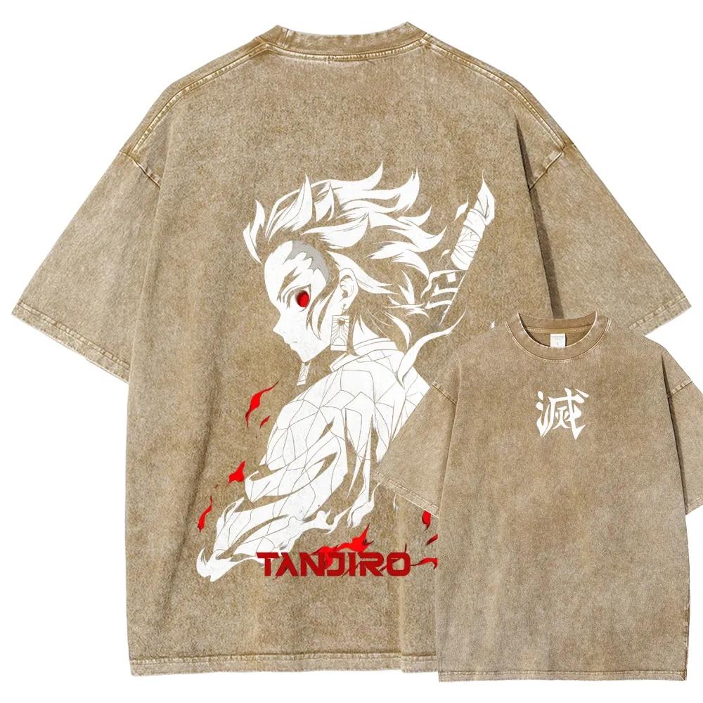 Tanjirou Print T-shirt Demon Slayer Anime Clothing Men Women Short Sleeve Cotton Tshirts Retro Washed Tee Harajuku