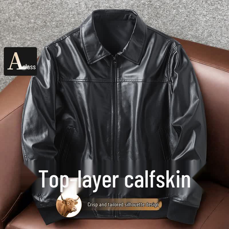 Caesar Men s First-Layer Calfskin Leather Zipper Lapel Jacket L