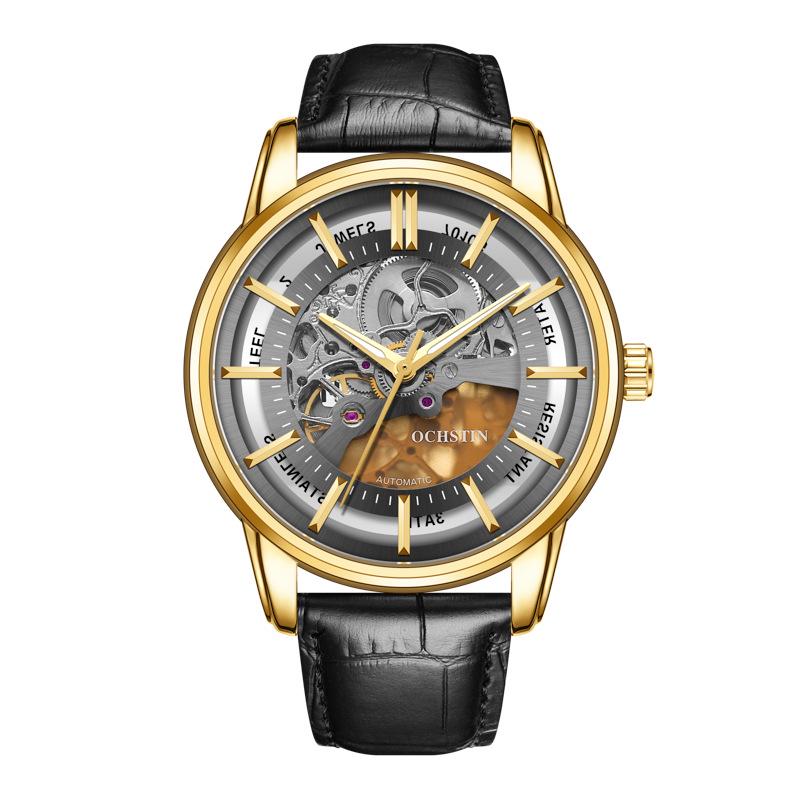 OCHSTIN Men's Skeleton Mechanical Watch - Genuine Leather, Waterproof, Fashionable Business Casual Wristwatch