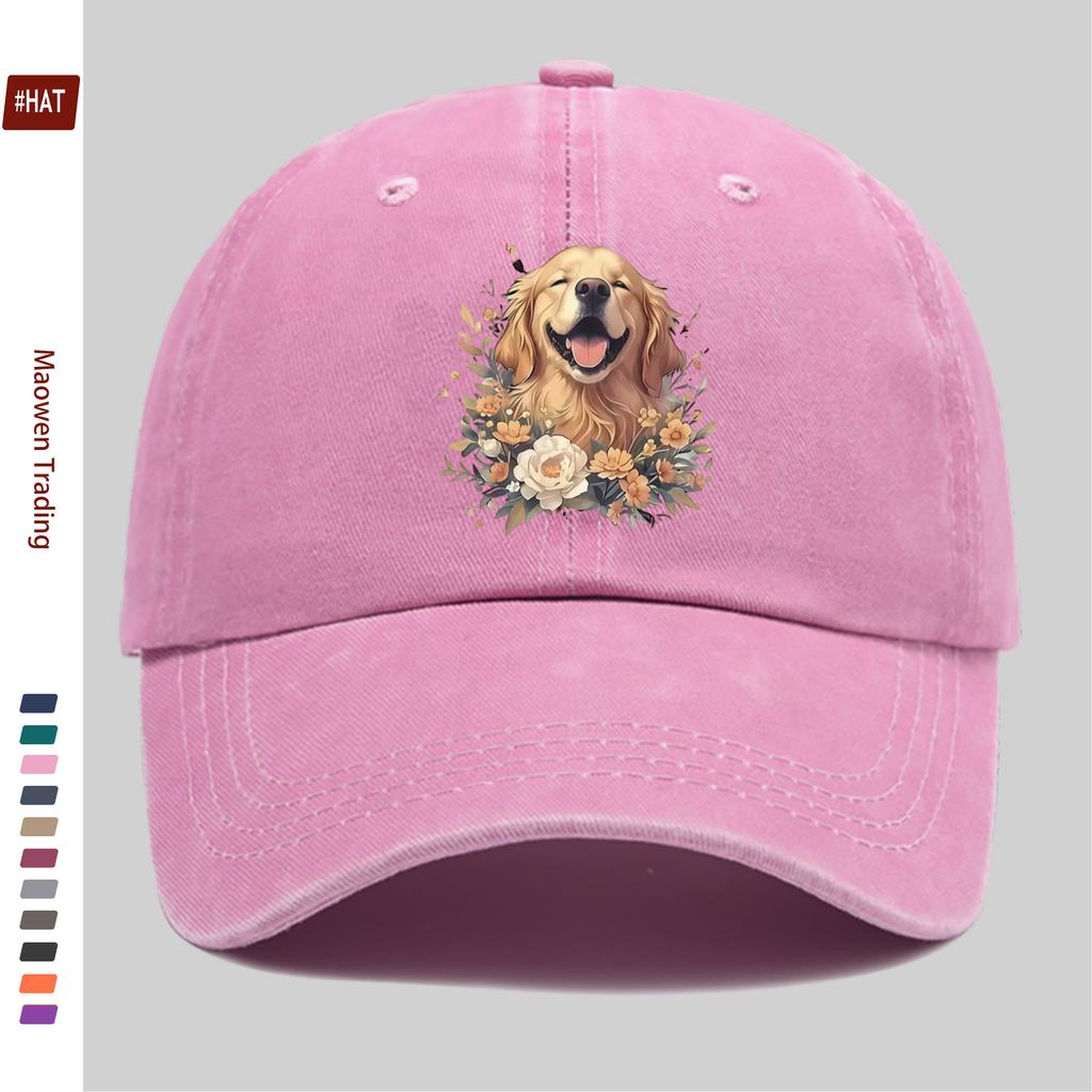 pc Golden Retriever And Floral Print Baseball Cap Cartoon Pet Dog Pattern Trucker Sun Hat Comfortable Lightweight Papa Hat D